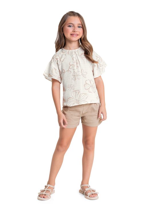 Conjunto com Bata Floral e Short Infantil para Menina (Bege) Quimby