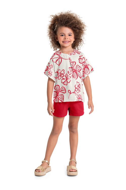 Conjunto com Bata Floral e Short Infantil para Menina (Vermelho) Quimby