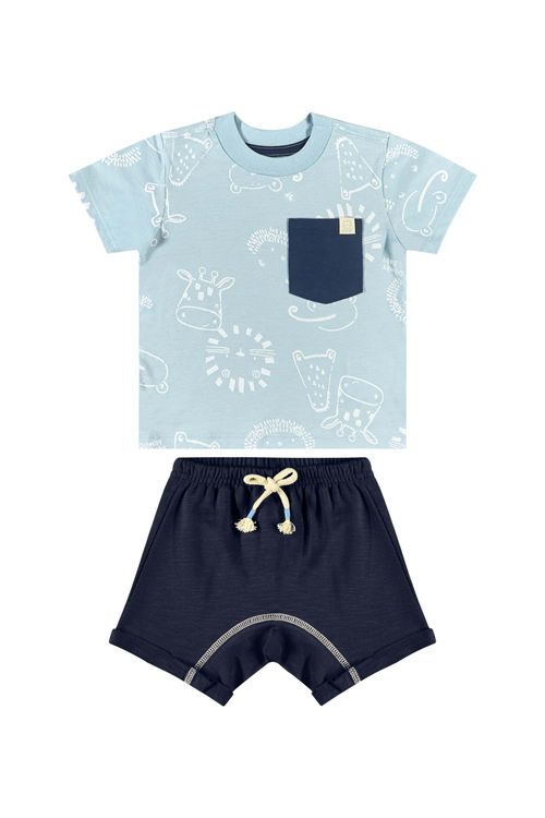 Conjunto com Camiseta e Short em Moletom para Bebê Menino (Azul) Quimby