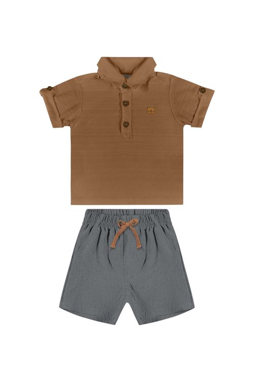 Conjunto com Camisa Polo e Bermuda para Bebê Menino (Marrom) Quimby