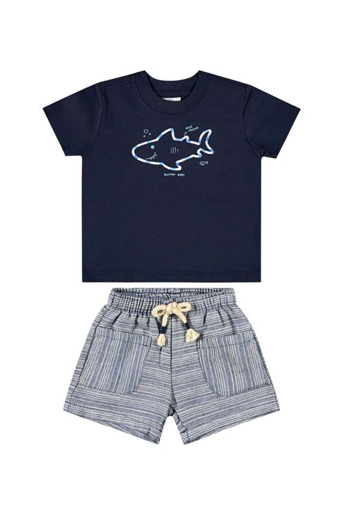 Conjunto com Camiseta de Tubarão e Bermuda para Bebê Menino (Azul Marinho) Quimby