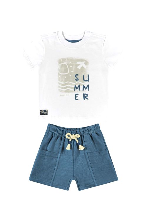 Conjunto com Camiseta Verão e Bermuda para Bebê Menino (Branco) Quimby