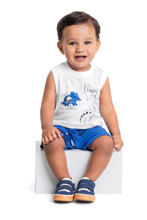 Conjunto com Camiseta de Dinossauro e Bermuda para Bebê Menino (Branco) Quimby