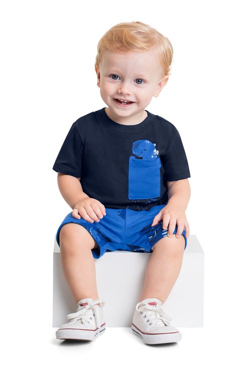 Conjunto com Camiseta e Bermuda de Dinossauro para Bebê Menino (Azul Marinho) Quimby