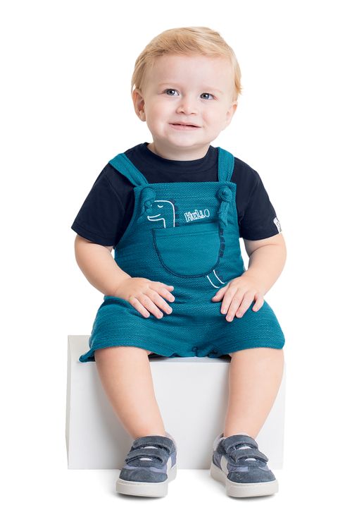 Conjunto com Camiseta e Jardineira para Bebê Menino (Azul Marinho) Quimby