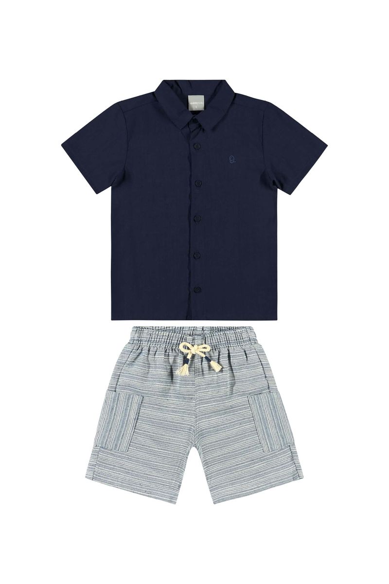 Conjunto-Infantil-com-Camisa-em-Tecido-e-Bermuda-para-Menino-Azul-Marinho
