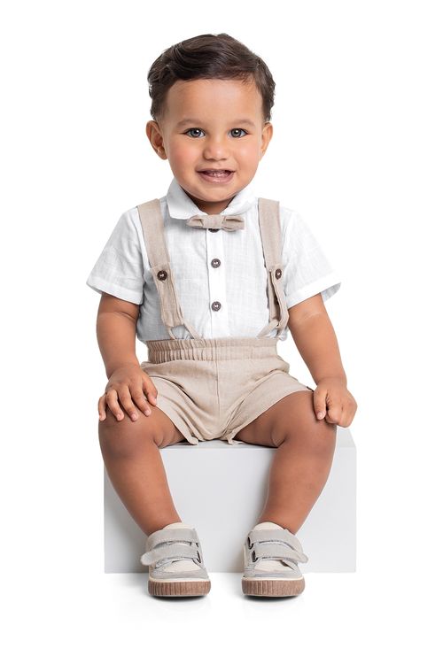 Conjunto com Body e Bermuda com Suspensório para Bebê Menino (Branco) Quimby