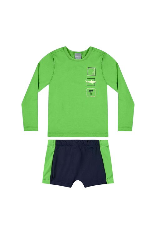Conjunto Infantil com Camiseta e Sunga com FPS +50 para Menino (Verde) Quimby