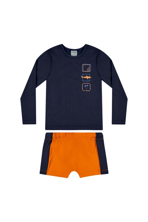 Conjunto Infantil com Camiseta e Sunga com FPS +50 para Menino (Azul Marinho) Quimby