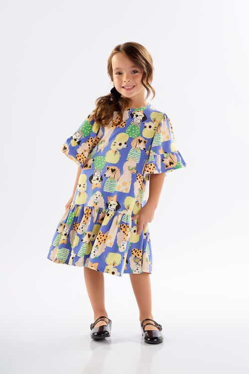 Vestido Infantil Manga Curta em Cotton (Azul) Up Baby