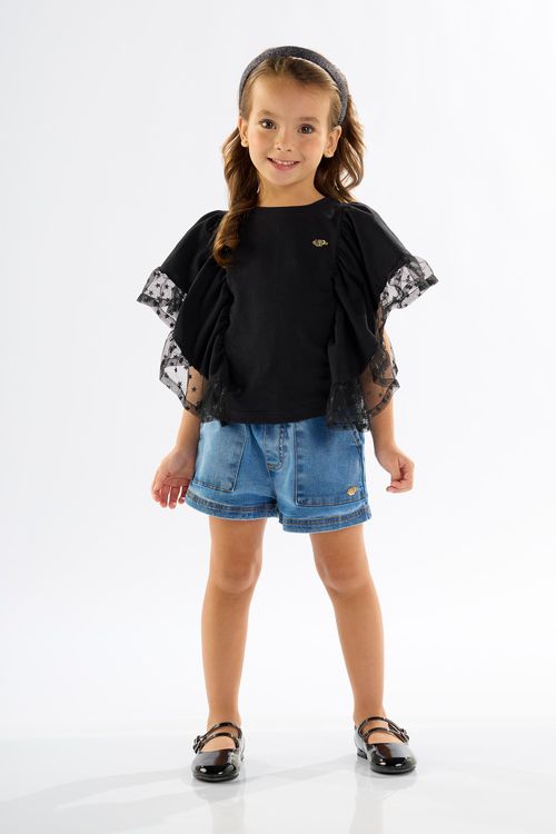 Blusa Infantil Manga Curta em Meia Malha e Tule (Preto) Up Baby