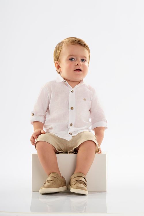 Camisa para Bebê Menino em Tecido Voil (Branco) Up Baby
