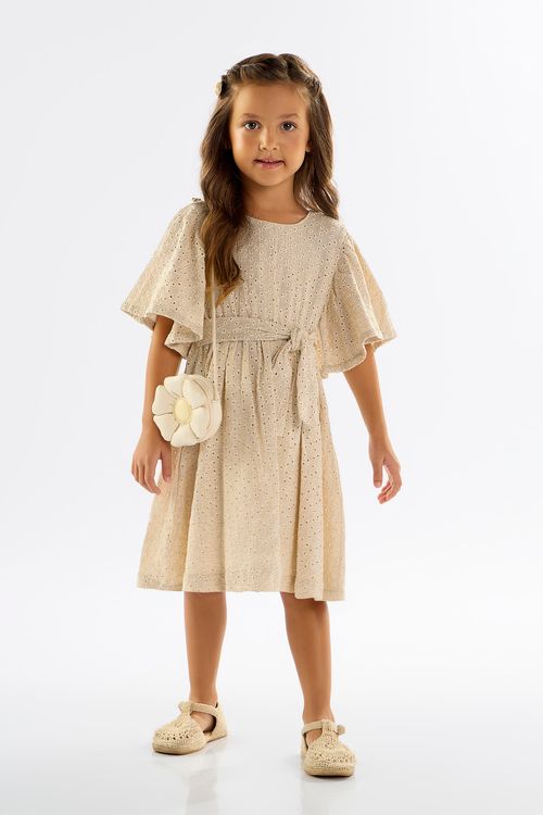 Vestido Infantil Manga Curta em Laise Forrado (Off White) Up Baby
