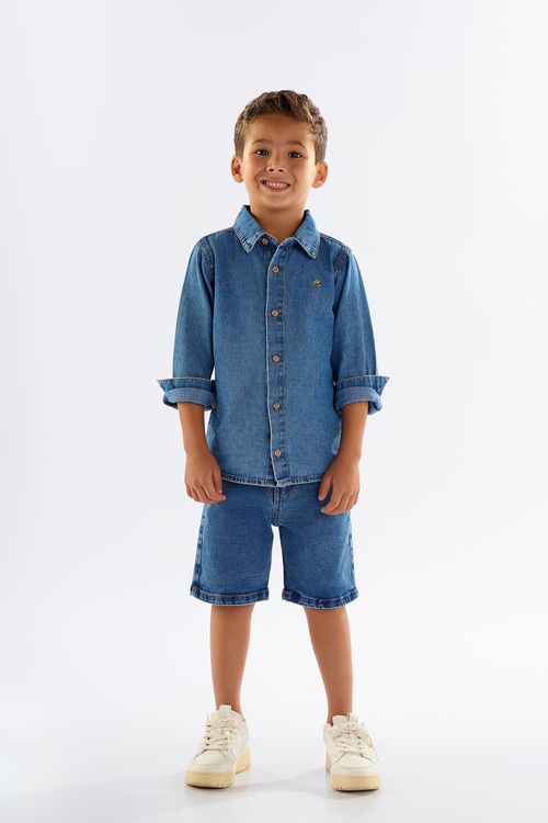 Camisa Infantil para Menino Manga Longa em Jeans (Azul) Up Baby