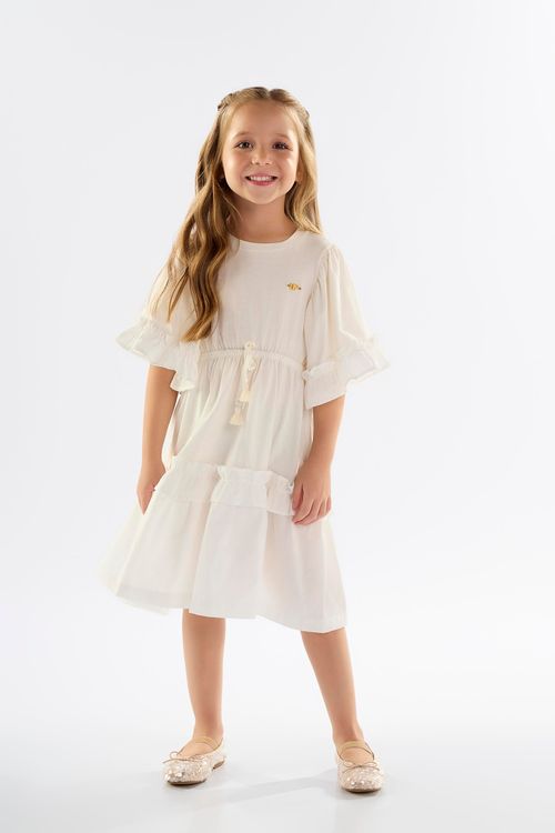 Vestido Infantil em Meia Malha com Babados (Off White) Up Baby