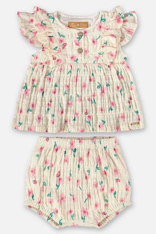 Conjunto para Bebê Menina com Bata e Calcinha Floral (Off White) Up Baby