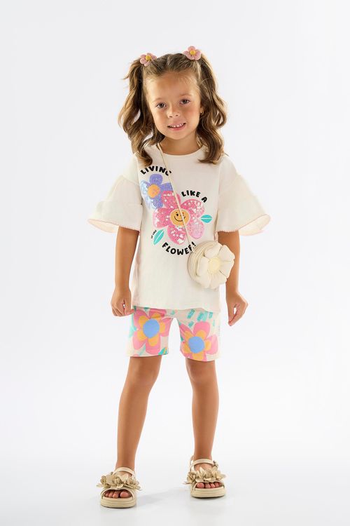 Conjunto Infantil para Menina com Bata e Bermuda Ciclista (Off White) Up Baby