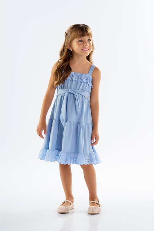 Vestido Infantil com Alças em Malha Linho (Azul) Up Baby