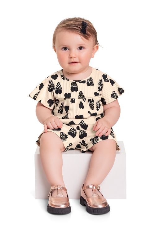 Conjunto com Bata e Short em Ribana Canelada para Bebê Menina (Bege) Quimby