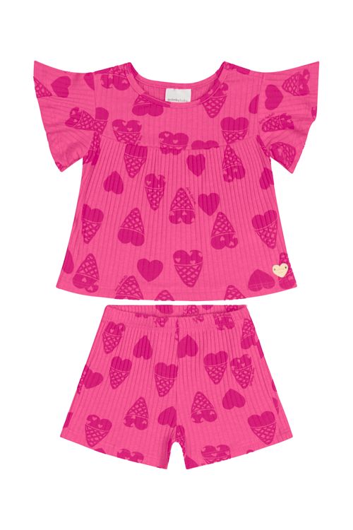 Conjunto com Bata e Short em Ribana Canelada para Bebê Menina (Rosa) Quimby