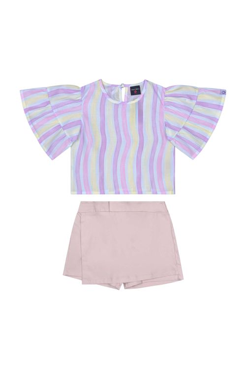 Conjunto Infantil para Menina com Blusa e Short-Saia (Roxo) Guloseima