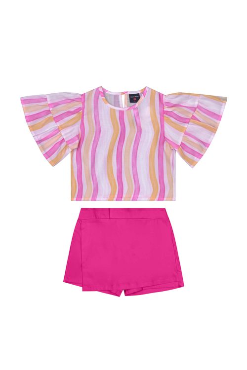Conjunto Infantil para Menina com Blusa e Short-Saia (Off White) Guloseima