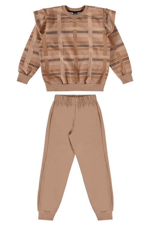 Conjunto Infantil Feminino com Blusão Xadrez e Calça (Marrom) Bee Loop
