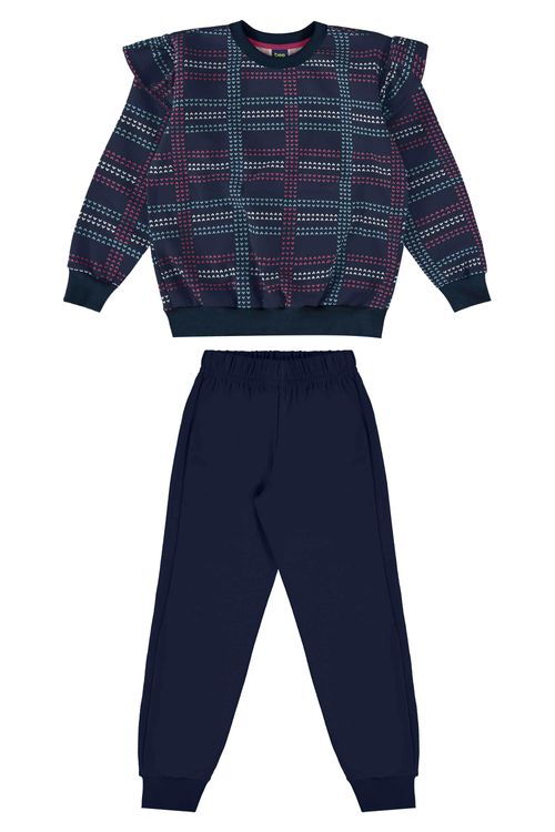 Conjunto Infantil Feminino com Blusão Xadrez e Calça (Azul Marinho) Bee Loop