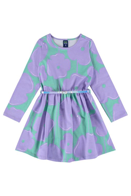 Vestido Infantil Manga Longa com Cinto (Azul) Bee Loop