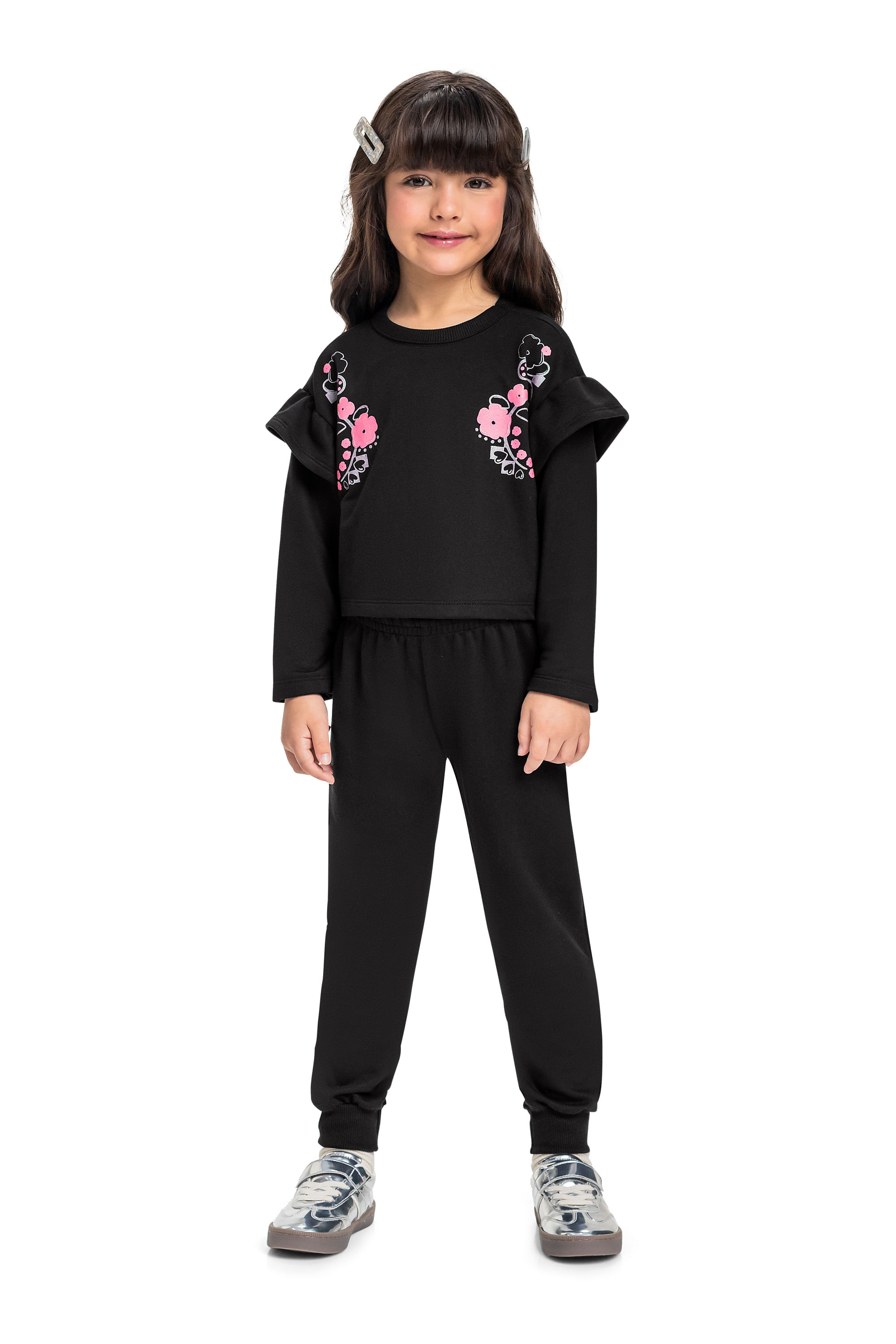 Conjunto Infantil com Blusa Cropped e Calça (Preto) Bee Loop