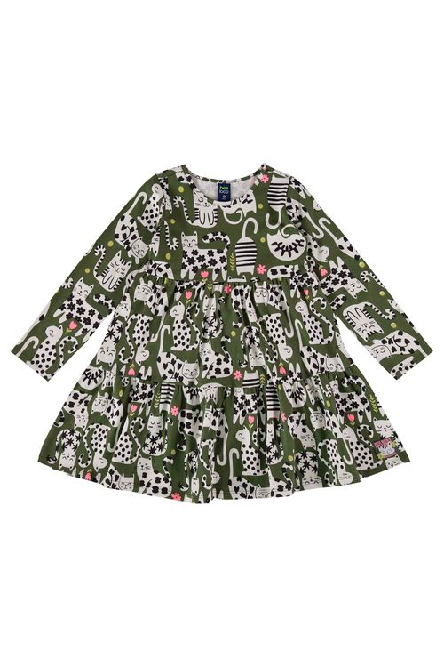 Vestido Infantil Manga Longa de Gatinho (Verde) Bee Loop