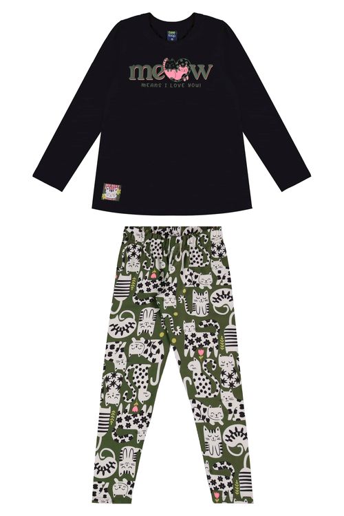 Conjunto para Meninas Blusa Meia Malha e Calça Legging em Cotton (Preto) Bee Loop