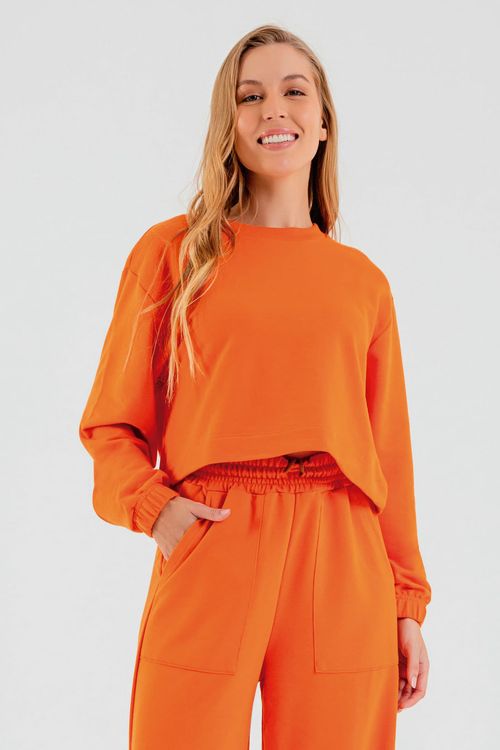 Blusão Cropped Básico em Moletom Feminino Adulto (Laranja) Just Basic