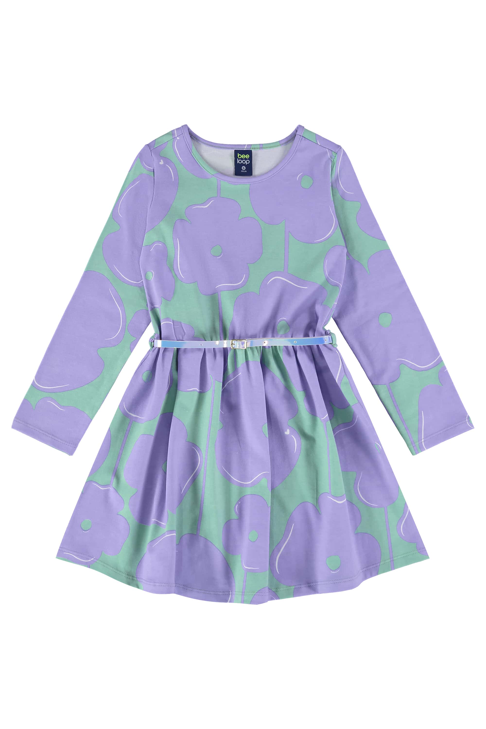 Vestido Infantil Manga Longa com Cinto (Azul) Bee Loop
