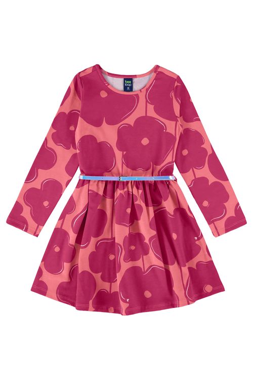 Vestido Infantil Manga Longa com Cinto (Rosa) Bee Loop