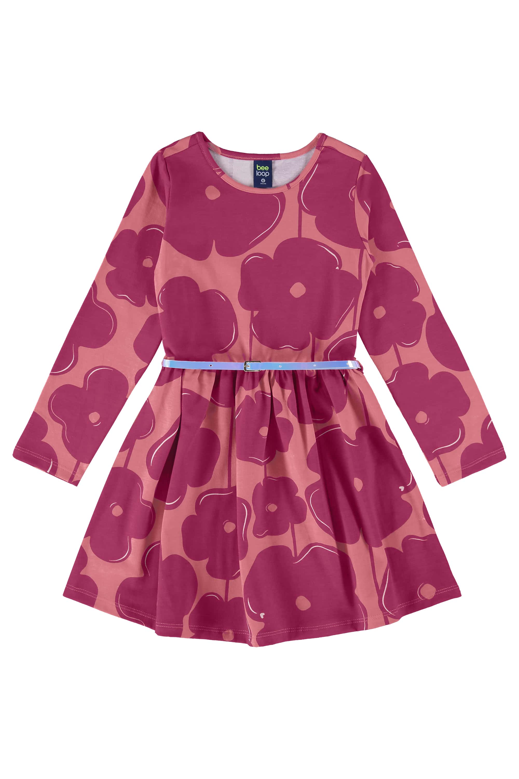 Vestido Infantil Manga Longa com Cinto (Rosa) Bee Loop