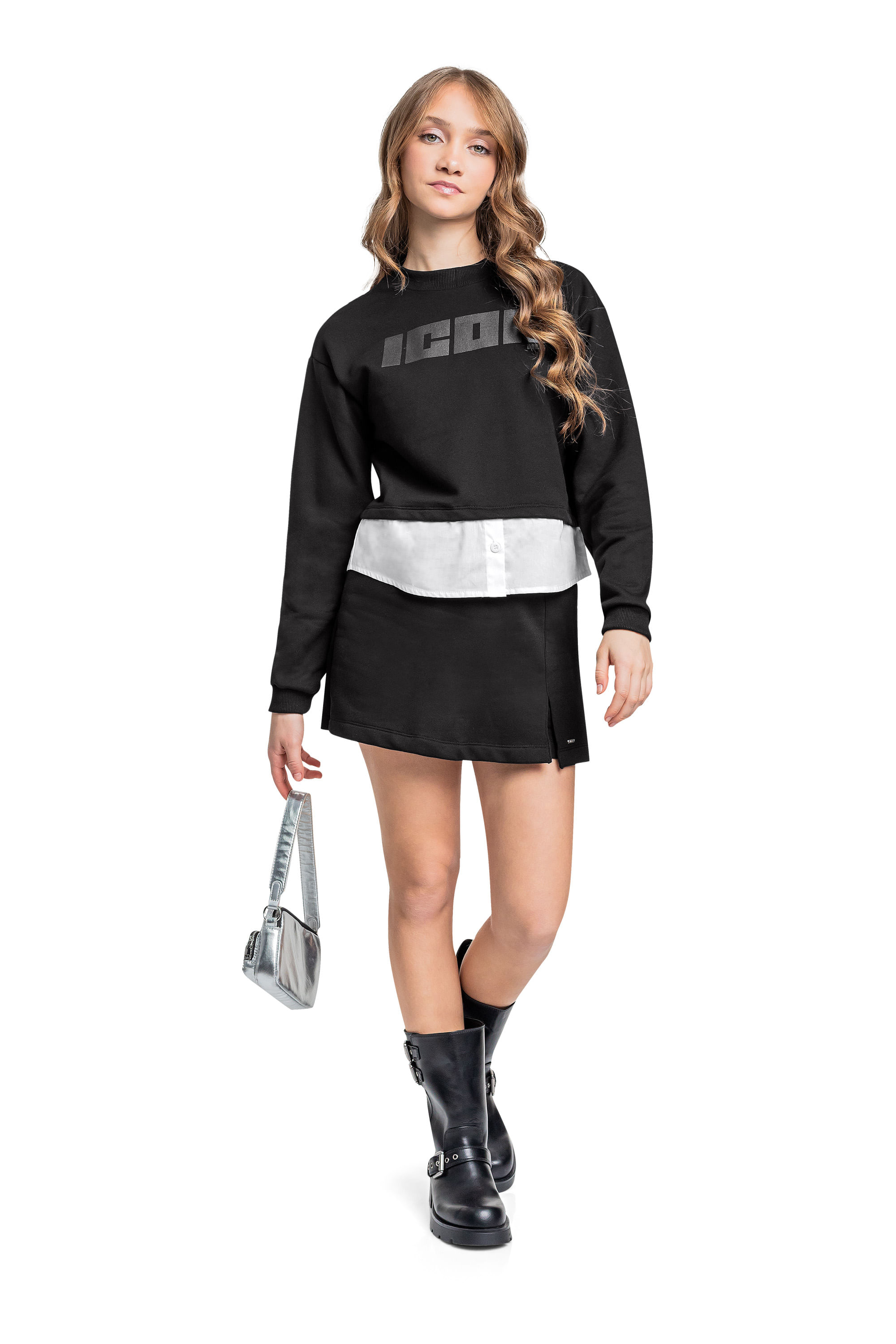 Conjunto com Blusão e Short-Saia Juvenil em Moletom (Preto) Gloss