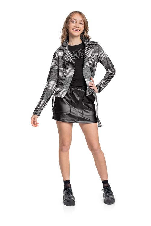 Jaqueta Biker Juvenil em Tecido Alfaiataria (Preto) Gloss