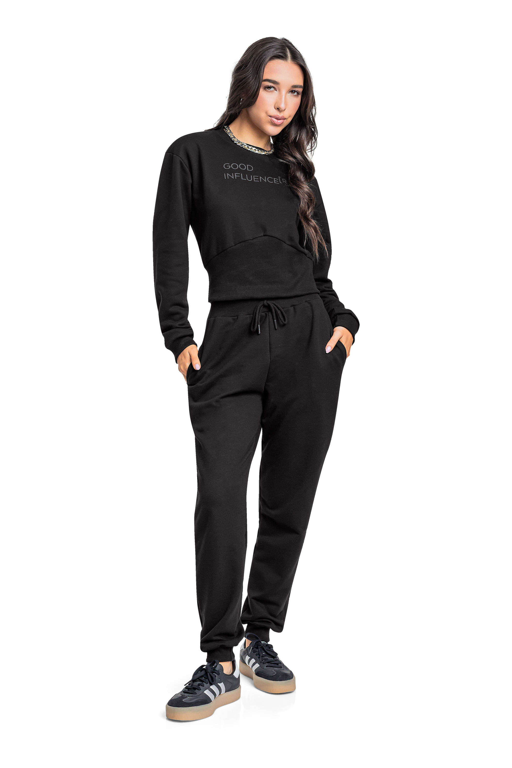 Conjunto com Blusão e Calça Juvenil em Moletom (Preto) Gloss