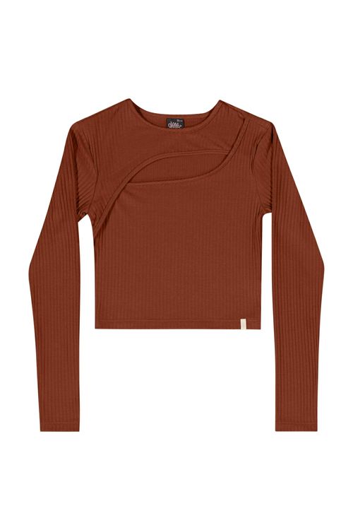 Blusa Manga Longa Juvenil em Ribana Canelada (Marrom) Gloss
