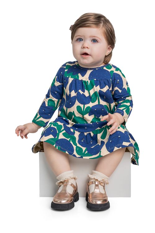 Vestido Manga Longa Floral em Cotton para Bebê (Azul) Quimby