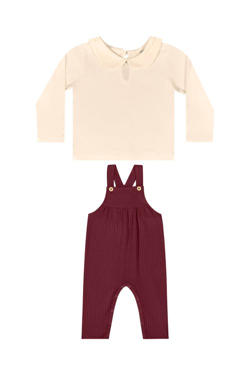 Conjunto com Blusa Manga Longa e Jardineira para Bebê Menina (Bege) Quimby