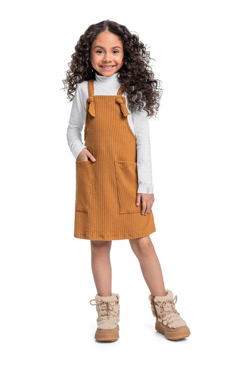 Conjunto com Cropped Manga Longa e Salopete para Menina (Marrom Claro) Quimby