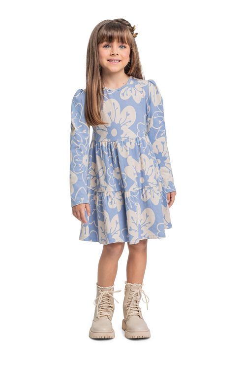 Vestido Manga Longa Floral em Cotton (Azul) Quimby