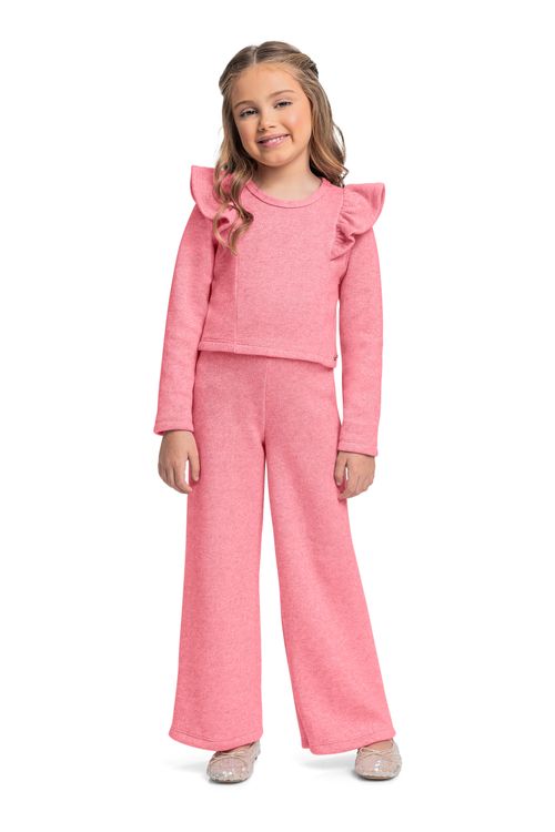 Conjunto com Cropped Manga Longa e Calça Wide Leg para Menina (Rosa) Quimby