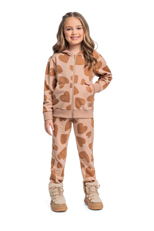 Conjunto com Jaqueta e Calça com Corações para Menina (Marrom) Quimby
