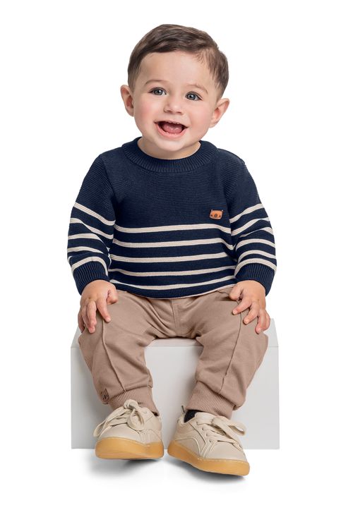 Blusão Listrado em Tricot para Bebê Menino (Azul Marinho) Quimby