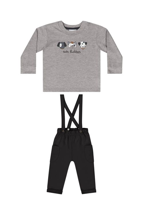 Conjunto com Camiseta Manga Longa e Calça com Suspensório para Bebê Menino (Cinza) Quimby