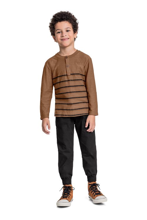 Camisa Portuguesa Manga Longa para Menino (Marrom) Quimby