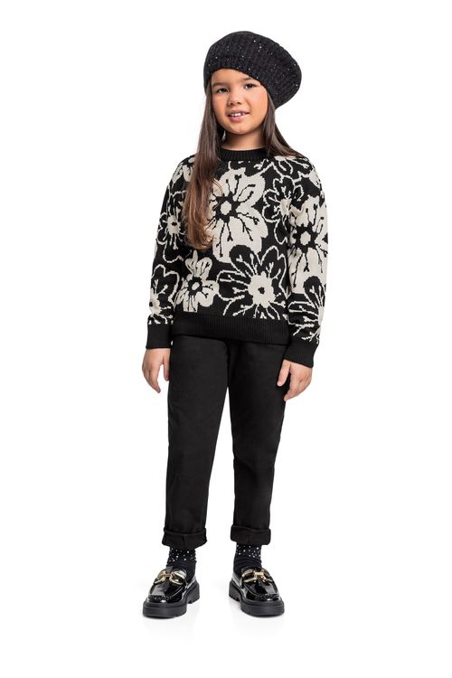 Blusão Floral em Tricot para Menina (Preto) Quimby